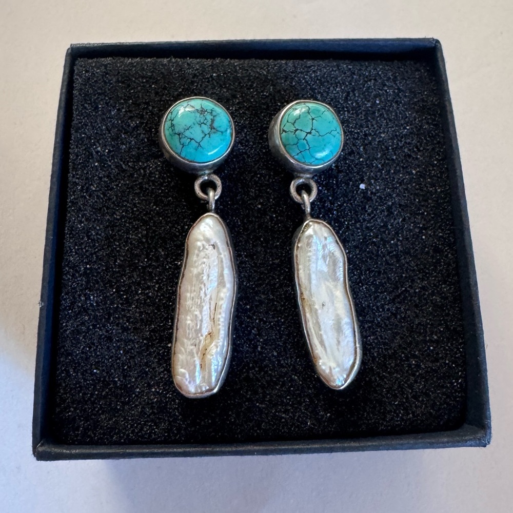 Vintage Sterling Silver Turquoise & Biwa Pearl Drop Earrings